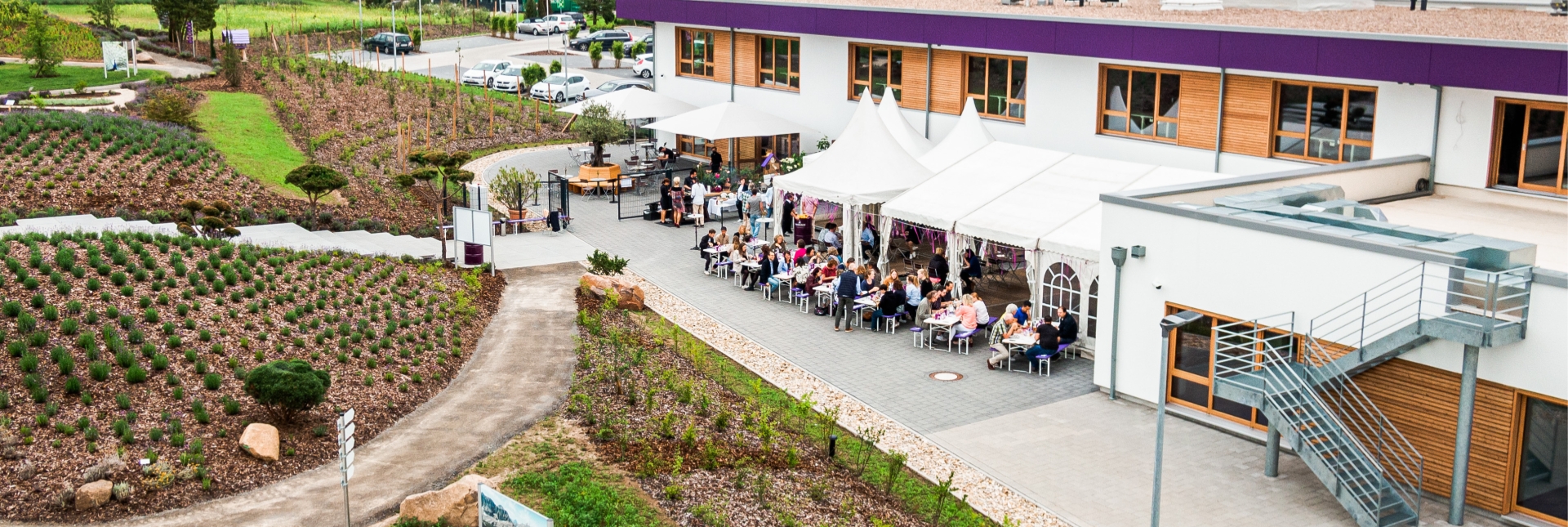 Blick von oben auf das TAOASIS Firmengelände mit bepflanzten Duftfeldern und einem Festzeltbereich, in dem zahlreiche Gäste an Tischen sitzen und sich austauschen – sommerliches Ambiente während einer Veranstaltung.