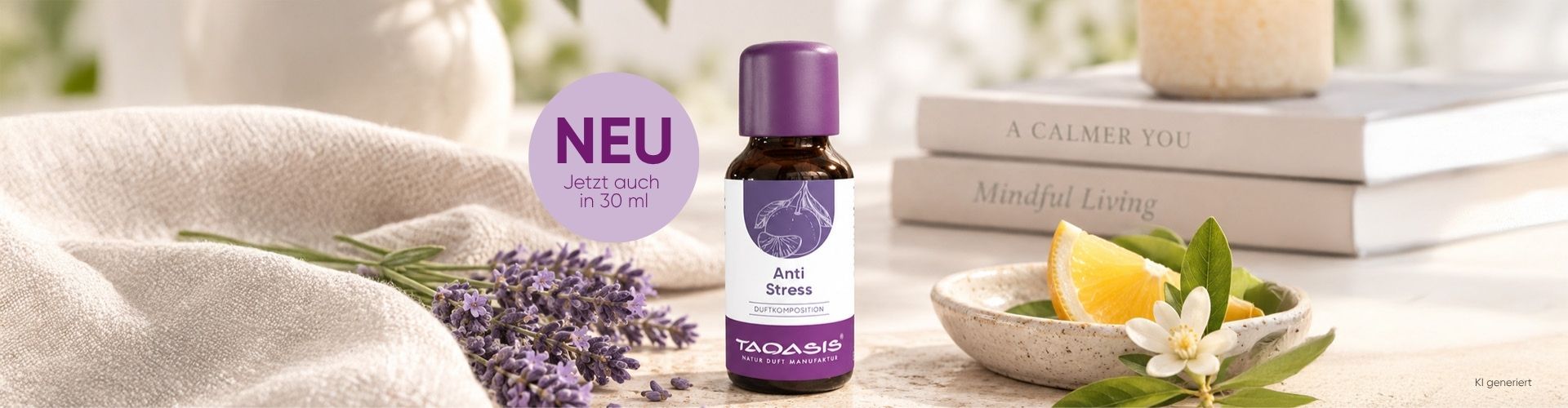 TAOASIS Duftkomposition Anti Stress in der neuen 30-ml-Größe, dekoriert mit Lavendel, Zitrusfrüchten und Orangenblüten in einer hellen, ruhigen Wohnatmosphäre.