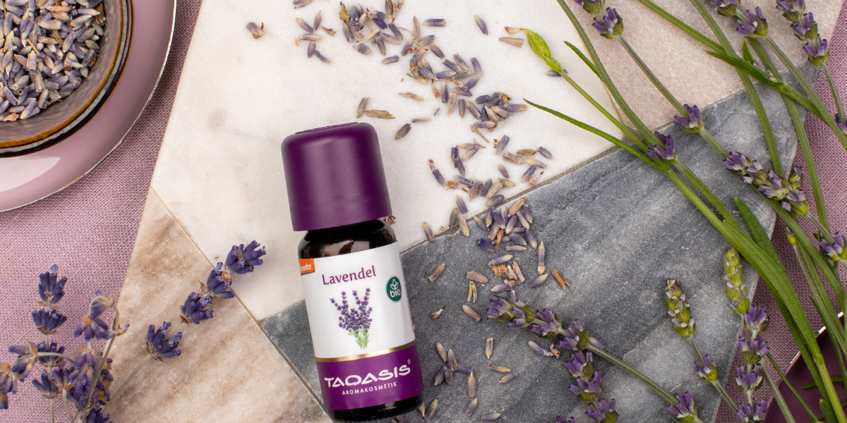 Ätherisches Lavendelöl von TAOASIS mit Lavendelblüten