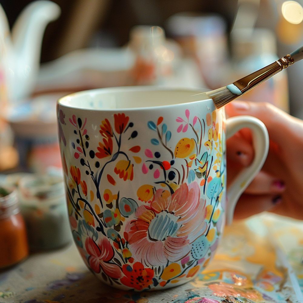 Bunte Tasse, die angemalt und festgehalten wird. 