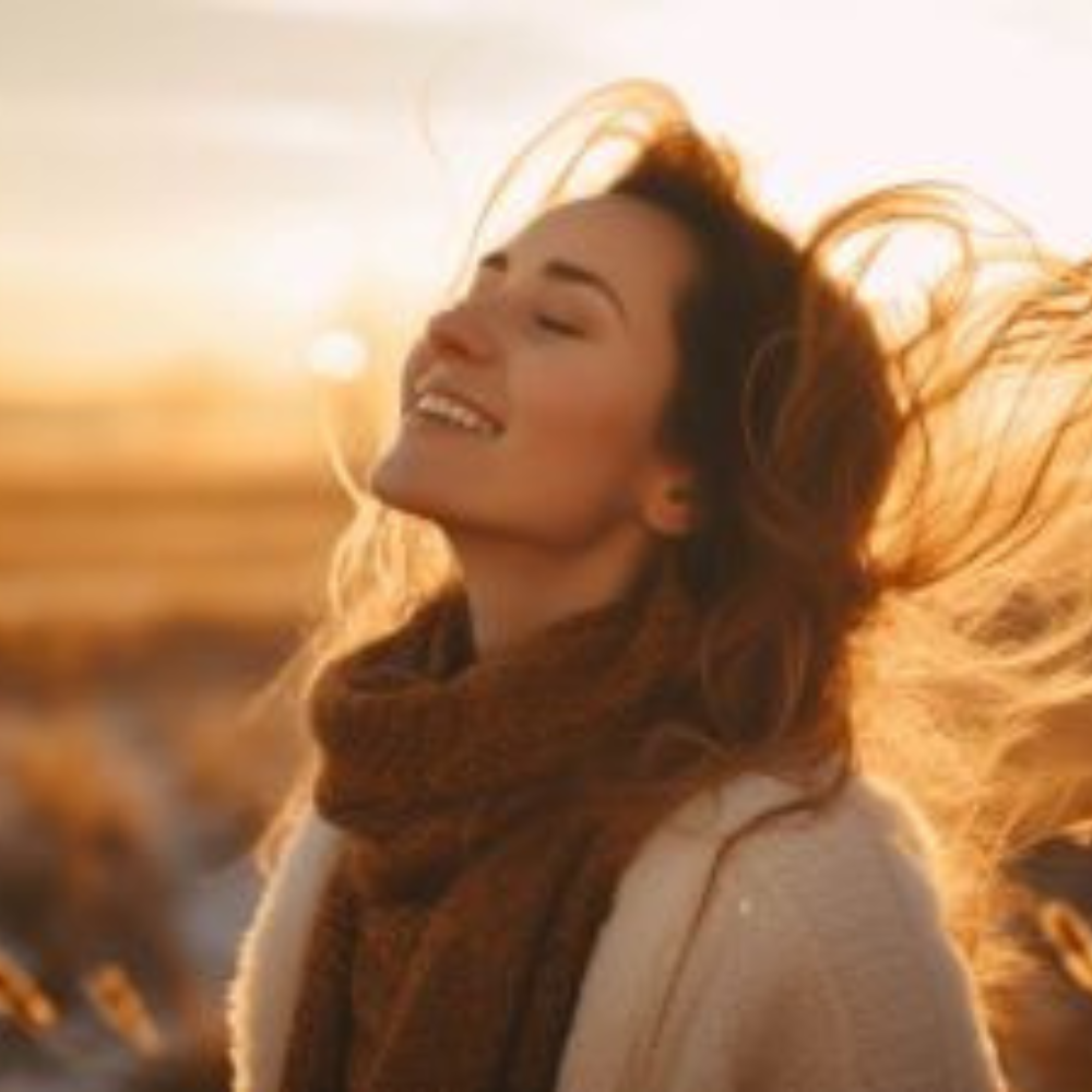 Frau steht draußen in der Natur  und genießt den Sonnenaufgang. Dabei lächelt sie und neigt ihren Kopf nach hinten, zu den Schultern 