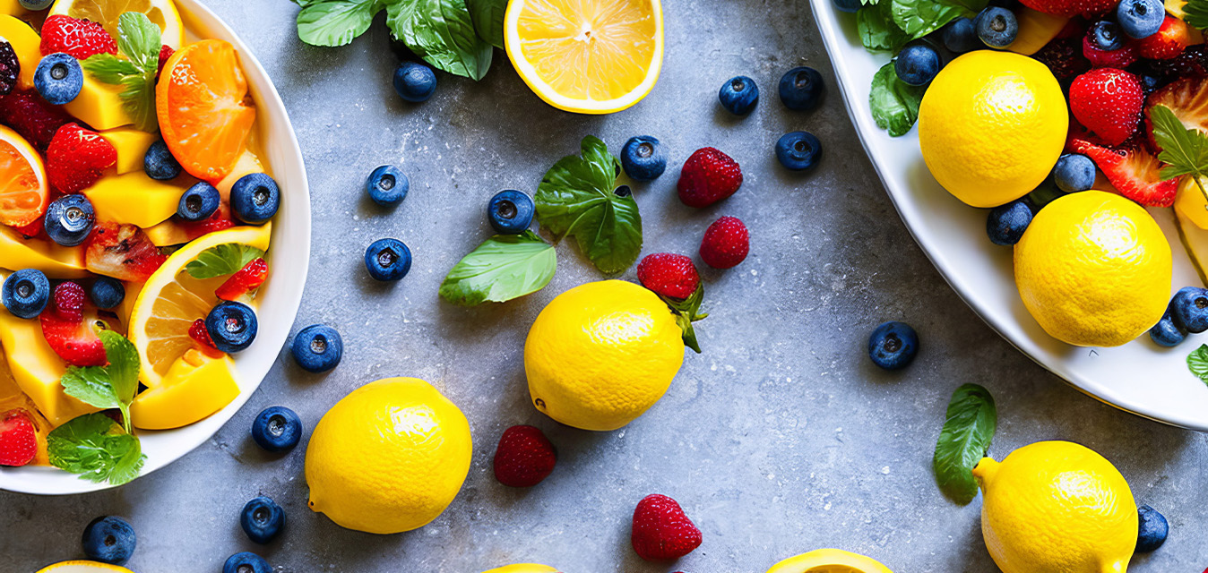 Frische Zitronen, Beeren, Mango und Basilikum auf grauem Untergrund, teilweise dekorativ auf weißen Tellern angerichtet.