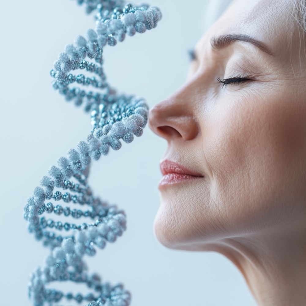 Gesicht von älterer Frau und DNA Strang