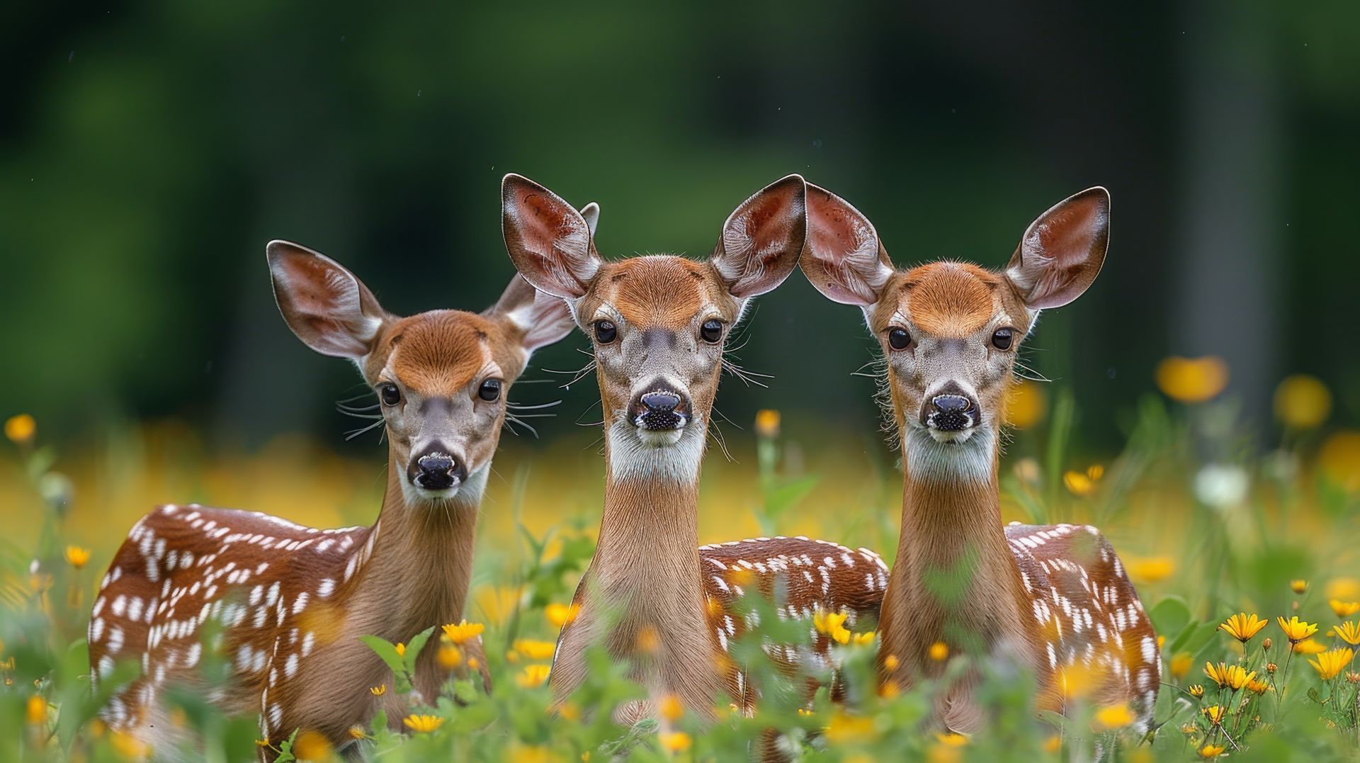 Drei junge Rehe stehen in einer Wiese mit gelben Wildblumen und blicken aufmerksam in die Kamera.