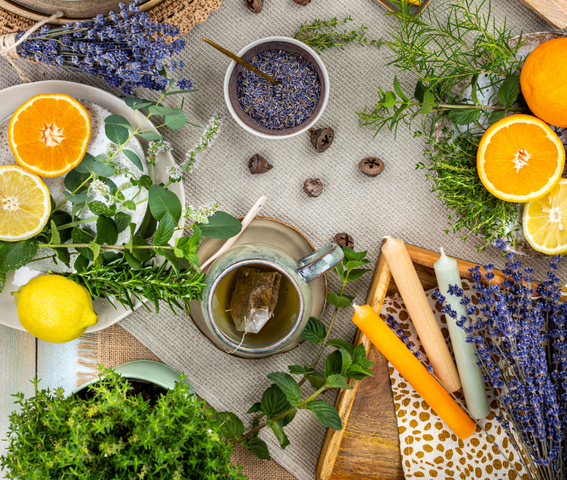 Tasse Kräutertee mit Teebeutel, umgeben von frischen Kräutern, Lavendel und Zitrusfrüchten auf einem Tisch arrangiert.