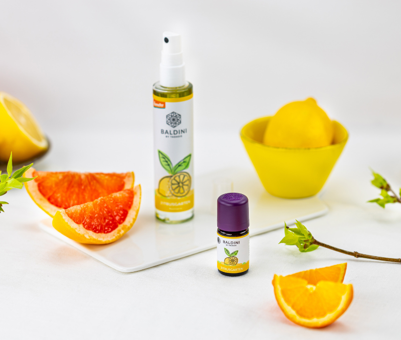 Baldini Zitrusgarten Raumspray und Duftkompositionmit Zitronen-, Orange- und Grapefruitscheiben auf hellem Hintergrund.
