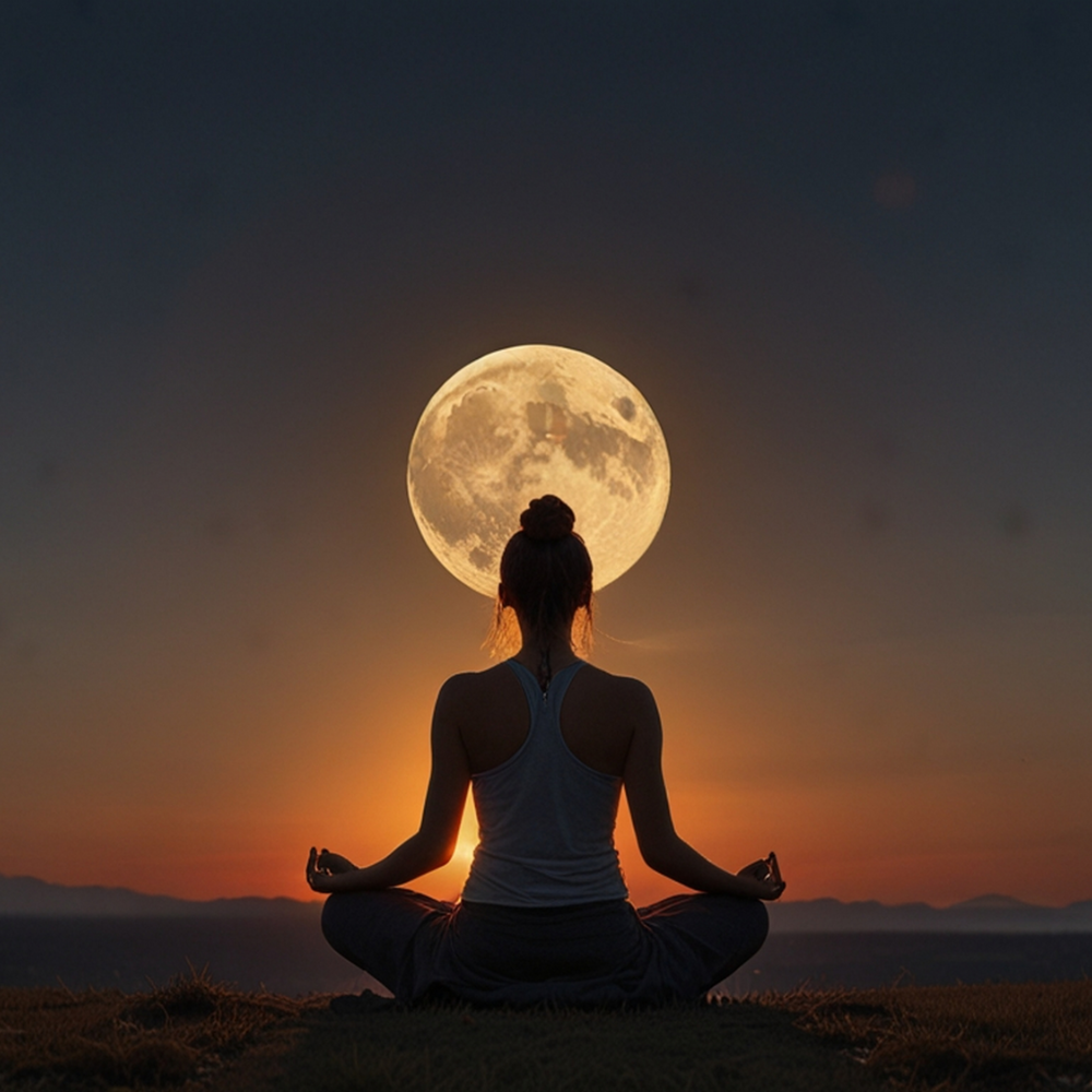Frau im Schneidersitz vor Vollmond