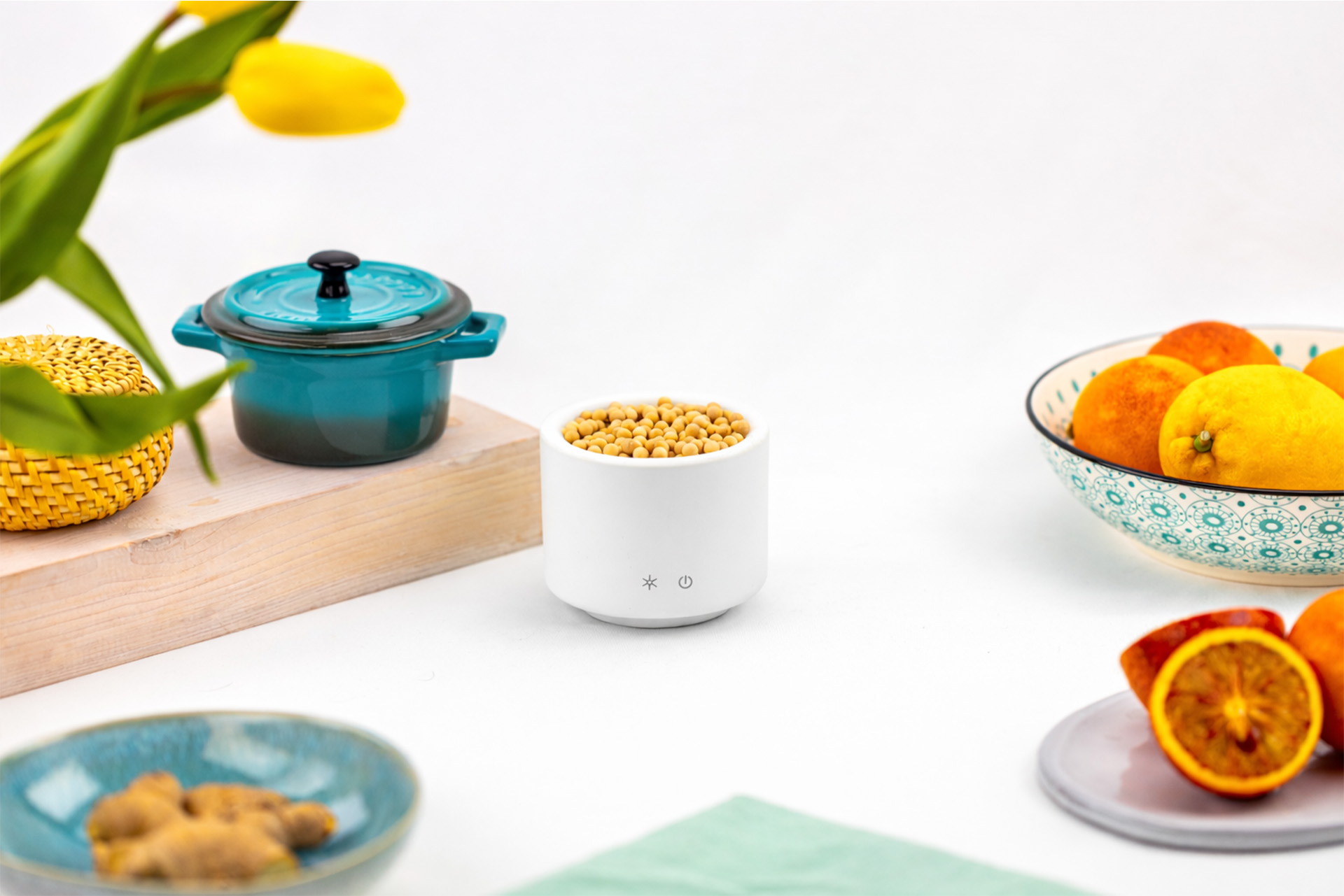 AromaStream Wood Mini weissauf weißem Hintergrund, dekoriert mit Schalen, Zitrusfrüchten und kleinem Topf.