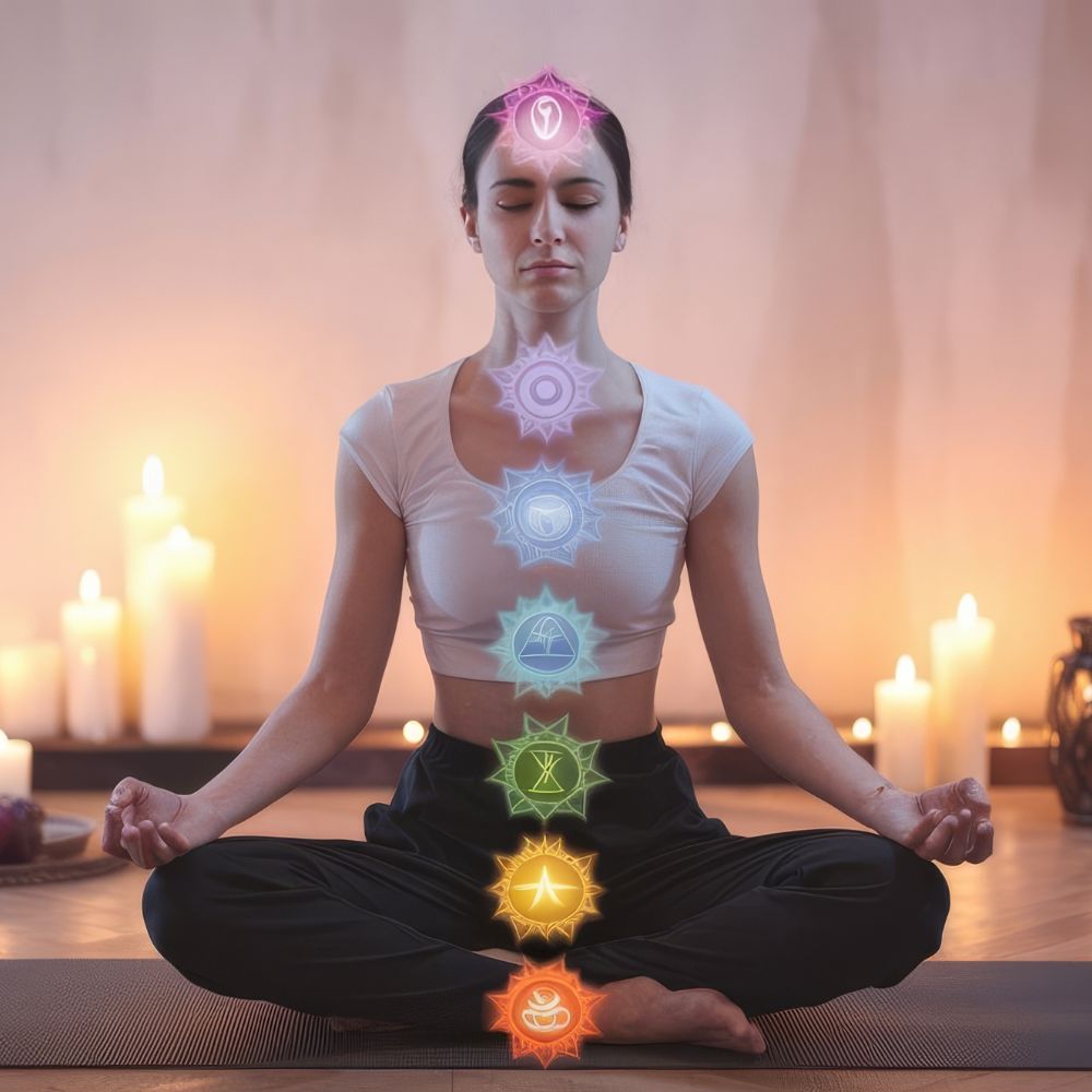 Meditierende Frau mit Kerzen und Chakren