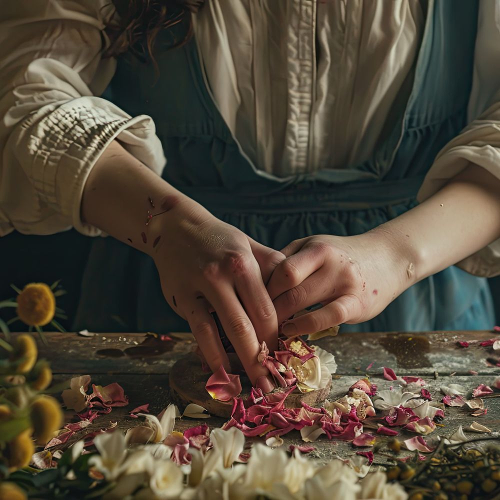 Frau hat Kräuter in der Hand. Man sieht nur ihrem oberkörper,sie trägt ein Kleid.