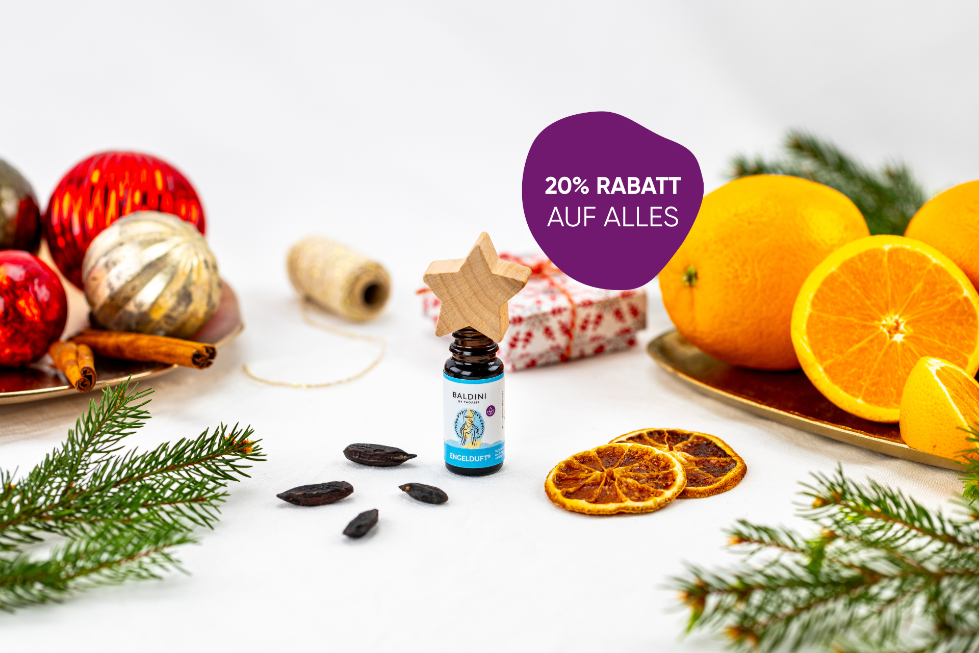 Engelduftkomposition mit Holzsternaufsatz und weihnachtlicher Dkeo