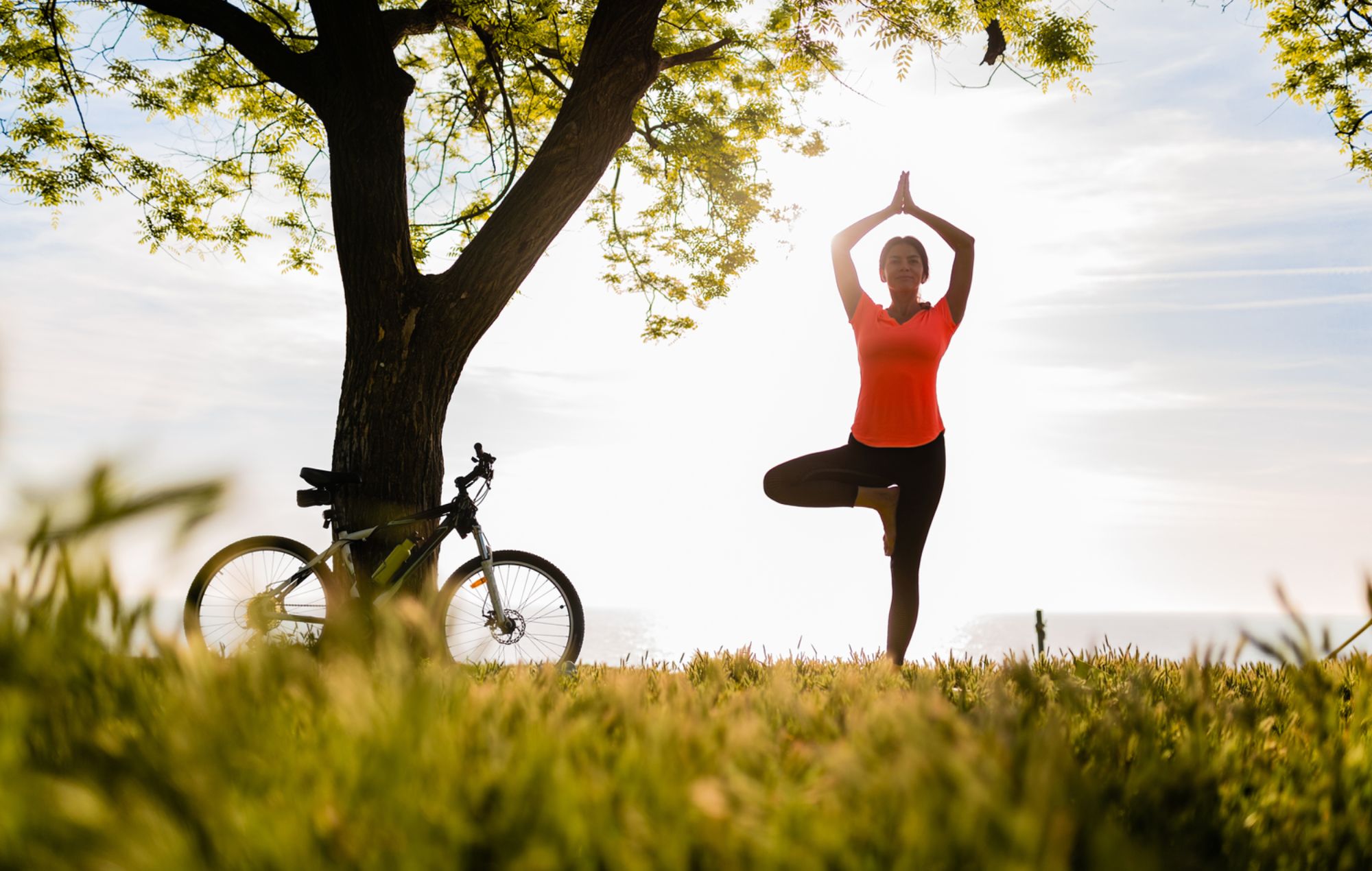 Frau auf einer Wiese, die einen Baum macht. (Yoga) An einem Baum lehnt ein Fahrrad.