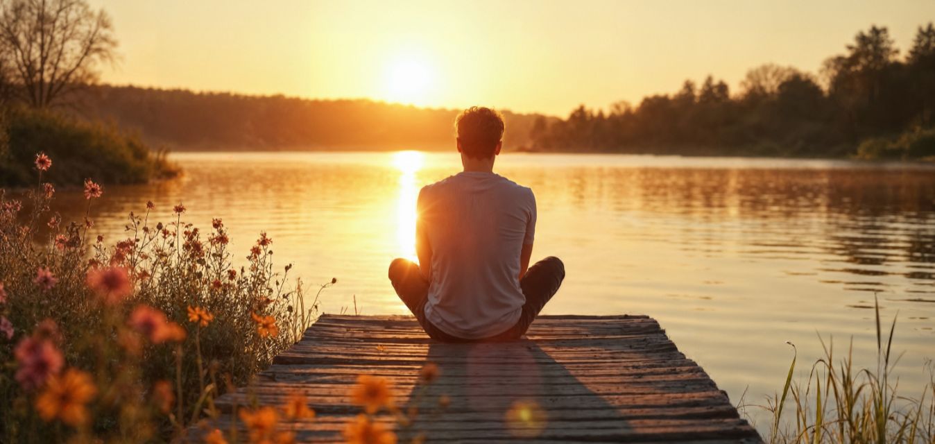 Mann sitzt bei untergehender Sonne am See