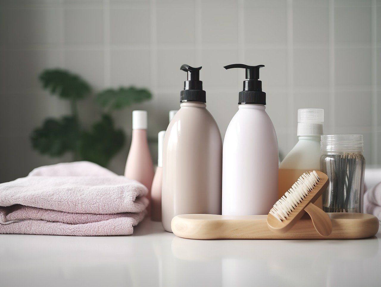 Flaschen mit Pflegeprodukten, Bürste und Handtücher auf einem Badezimmerregal