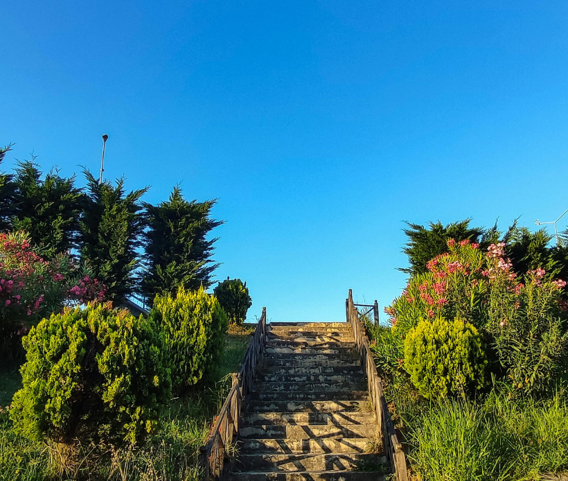 Steintreppe in einer grünen Parklandschaft unter blauem Himmel.