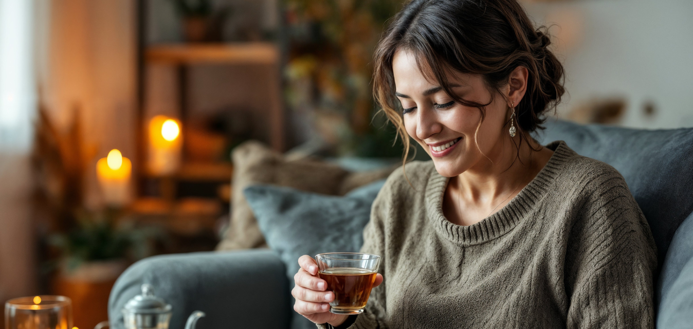 Frau die auf dem Sofa sitzt mit einer Tasse Tee