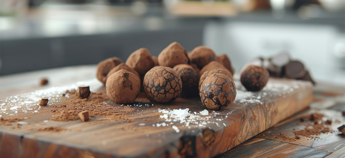Schokoladen- oder Marzipankugeln mit Kakaopulver und Puderzucker auf einem rustikalen Holzbrett angerichtet.