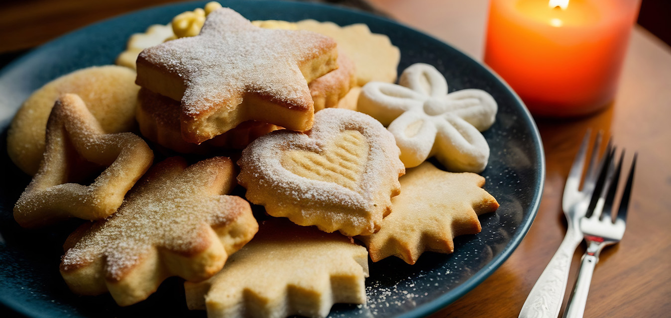 Verschiedene ausgestochene Weihnachtskekse mit Puderzucker auf einem Teller, daneben eine brennende Kerze.