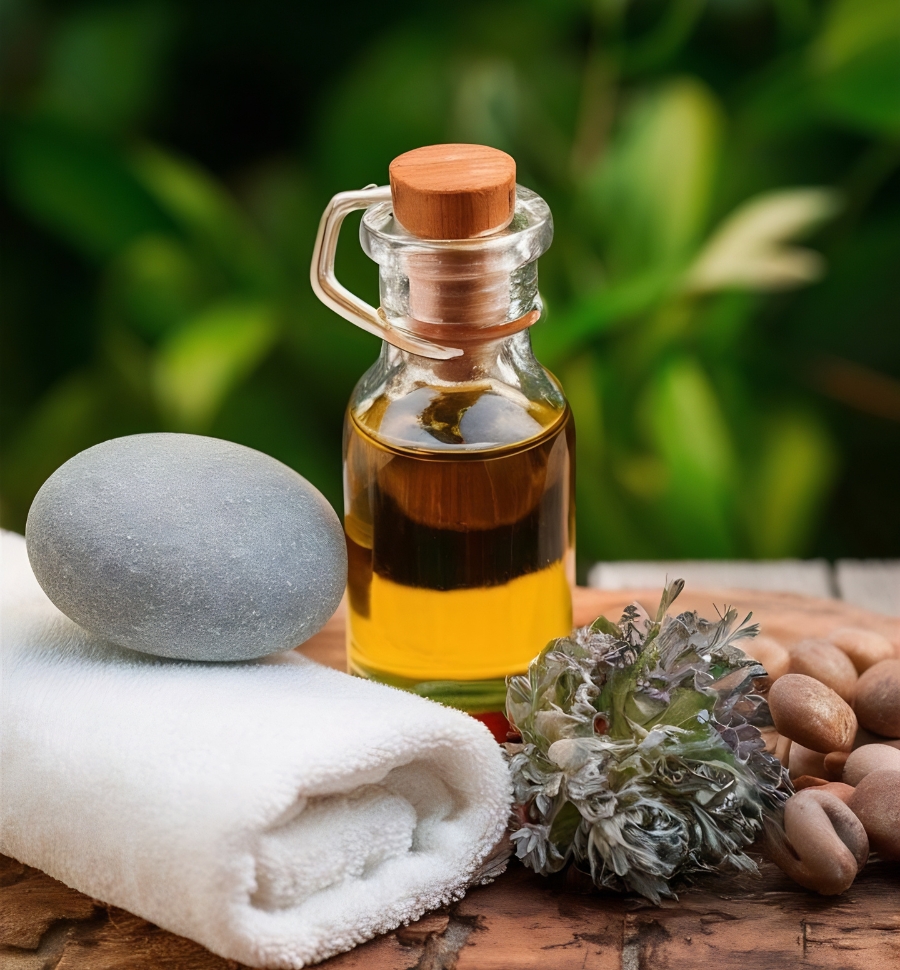 Flasche mit Massageöl, Handtuch und Massagestein in einer natürlichen Wellness-Umgebung.