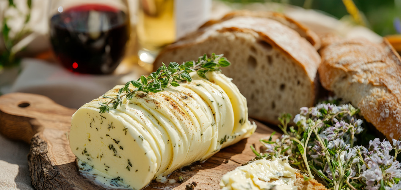 Kräuterbutter mit frischen Kräutern auf einem Holzbrett, daneben Brot, Kräuterblüten und Getränke.